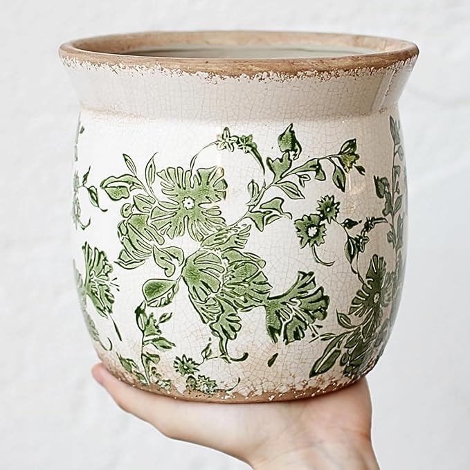 Rustic Ceramic Pots for Plants, 6.21in. Vintage Crackle Glazed Planters for Indoor & Outdoor Plants with Drainage Hole, Unique Planting Pots for Gardening, Tuscan Decor Plant Pots Indoor, Green Leaf