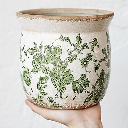 Rustic Ceramic Pots for Plants, 6.21in. Vintage Crackle Glazed Planters for Indoor & Outdoor Plants with Drainage Hole, Unique Planting Pots for Gardening, Tuscan Decor Plant Pots Indoor, Green Leaf