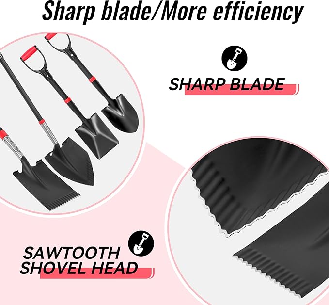 SHARK ATTACK 5-Piece Steel Shovel Set with D-Grip Handles Digging Shovel- Multi-Size Garden Shovels with Powder Coating for Digging, Planting & Car Emergency