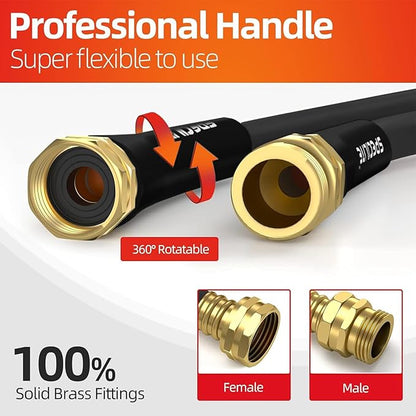 SPECILITE Garden Water Hose 75 ft x 5/8 in Heavy Duty, Flexible and Lightweight, Burst 600 psi, Kink-less Hybrid Rubber Pipe for Backyard, 3/4'' Brass Fittings,Black