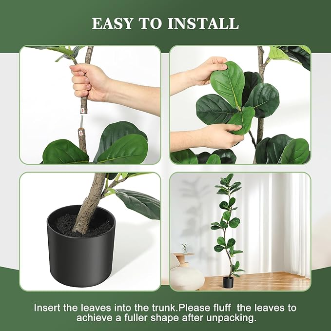Artificial Fiddle Leaf Fig Tree, 5ft Faux Ficus Tree with Black Nursery Planter, Fake Plant for Home, Office, Living Room