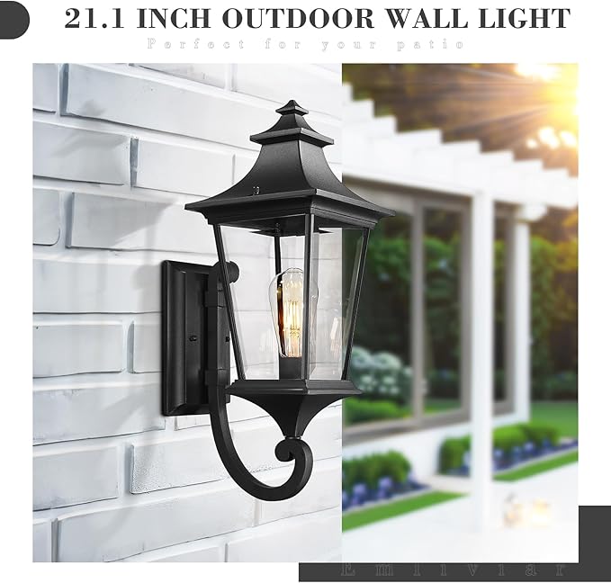Emliviar Stylish Exterior Light, 21.1 Inch Exterior Wall Sconce with Clear Glass Shade, Black Finish, XE292UB-M BK
