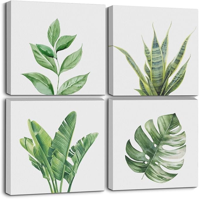 4 Pcs Watercolor Plant Canvas Wall Art Framed Plants Decor Art Posters Pictures Wall Decor Tropical Plants Green Leaves for Decoration boho decor Artwork for Walls Home Bedroom Office