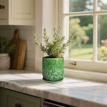 6 in Ceramic Plant Pot with Saucer，Indoor Plant Pot for Plants, Flower Pot with Drainage，Reactive Glaze Green