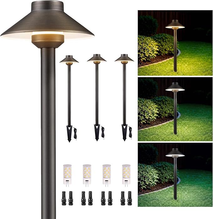 Gardenreet Outdoor Brass Pathway Lights, Warm & Neutral White Adjustable Low Voltage Landscape Path Lighting, 12v Walkway Light LED Waterproof, Bronze for Outside Garden Yard with G4 Bulb (4 Pack)