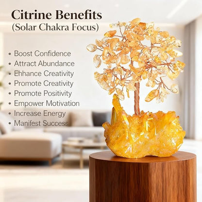 Natural Citrine Crystal Tree with Yellow Titanium Quartz Base,Healing Crystals Chakra Balance Positive Energy Feng Shui Money Bonsai Tree Home Decor for Wealth and Luck