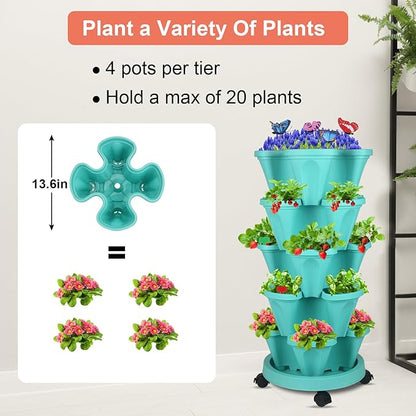 GameXcel Vertical Planter, 5 Tier Stackable Strawberry Planter with Garden Tool Set, Movable Indoor/Outdoor Garden Herb Pot for Growing Vegetables and Succulents, Teal