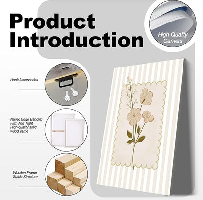 Framed Beige Wildflowers Canvas Wall Art Stripes Floral Poster Picture Simple Vintage Country Painting Nature Landscape Modern Home Print Living Room Gallery Office Ready to Hang 12x16 Inch x3