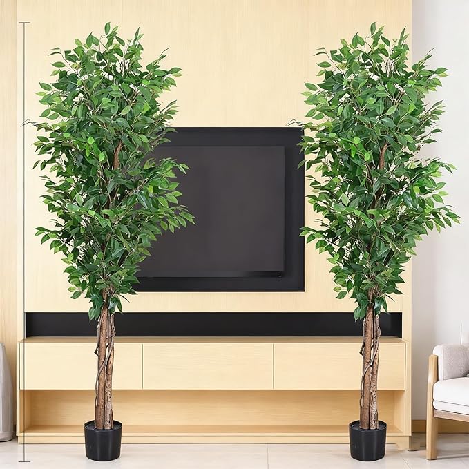 7ft Decorative Fake Ficus Tree Indoor, Artificial Trees Indoor for Home Decor, Potted Faux Tree Plant with Realistic Silk Leaves, Natural Triple Wood Trunk for Outdoor, Office
