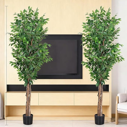 7ft Decorative Fake Ficus Tree Indoor, Artificial Trees Indoor for Home Decor, Potted Faux Tree Plant with Realistic Silk Leaves, Natural Triple Wood Trunk for Outdoor, Office