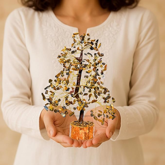 GEMSCITE Tiger Eye Crystal Tree with Golden Wire – Handcrafted Feng Shui Gemstone Bonsai for Energy & Protection