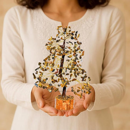 GEMSCITE Tiger Eye Crystal Tree with Golden Wire – Handcrafted Feng Shui Gemstone Bonsai for Energy & Protection