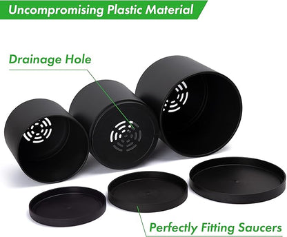 D'vine Dev 6 Inch 6.5 Inch 8 Inch, Set of 3 Plastic Planter Pots for Plants with Drainage Hole and Seamless Saucers, Black Color, Medium, 74-V-B-3