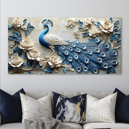 Navy Blue Peacock Wall Art for Living Room Office Elegant Animal Peacock and Roses Painting Prints Vintage Canvas Artwork Girls Bedroom Décor Ready to Hang (24x48 Inches)