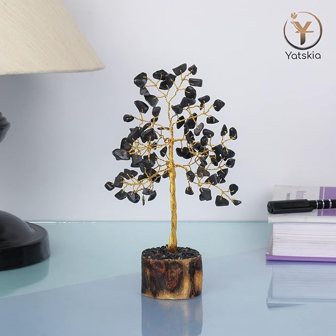 YATSKIA Black Tourmaline Crystals - Gemstone Tree - Black Tourmaline Decor - Artificial Money Tree - Mini Artificial Trees - Tourmaline Gemstones - Spiritual Trees