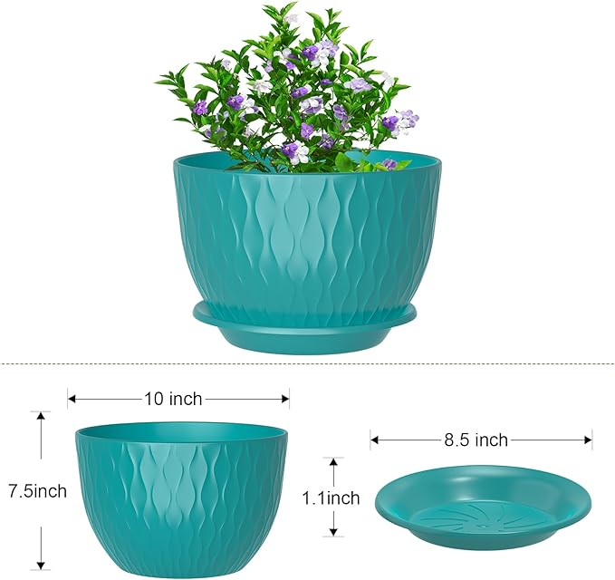 10 Inch Large Plant Pots, Flower Pots with Multi-Mesh Drainage Holes and Saucer, Plastic Planters for Indoor and Outdoor Garden Plants (Black-Green, 10")