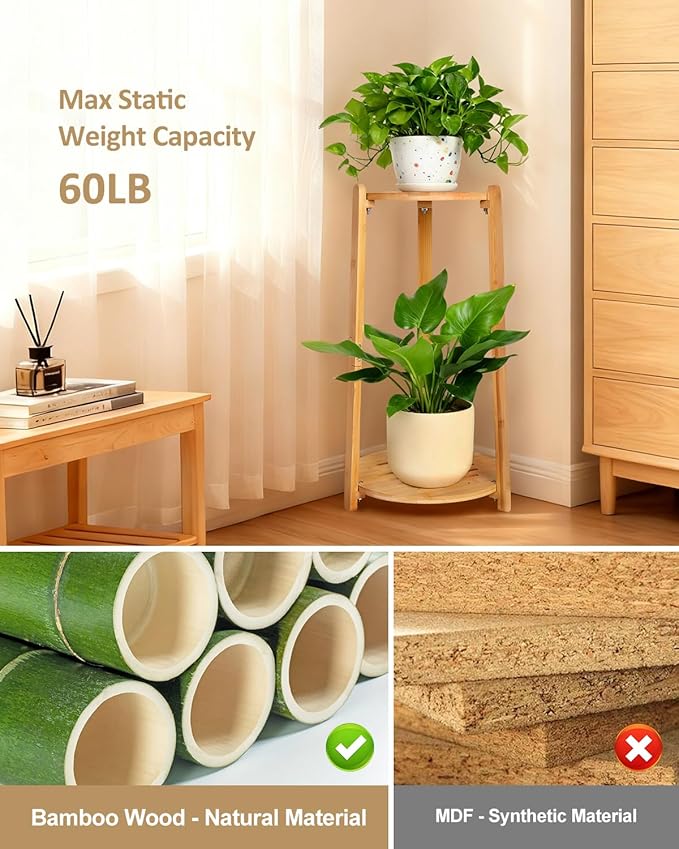 Bamboo Plant Stand Indoor,2 Tier Round Plant Shelf for Large Plants,Corner Flower Pot Stand,23.6'' Tall Plant Holder for Living Room Balcony Bedroom,Natural
