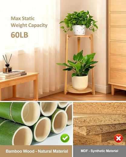 Bamboo Plant Stand Indoor,2 Tier Round Plant Shelf for Large Plants,Corner Flower Pot Stand,23.6'' Tall Plant Holder for Living Room Balcony Bedroom,Natural