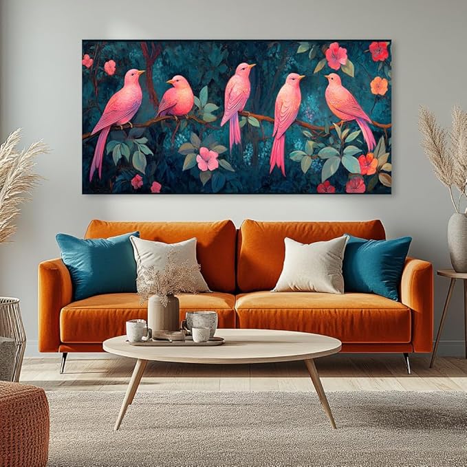 Pink Birds Canvas Wall Art Birds Floral Tree Canvas Pictures Bird on Tree Branch Painting Flower Wall Decor Canvas Nature Farmhouse Animal Painting for Girl’s Room Bedroom Bathroom Living Room Ready to Hang (24x48 Inches)