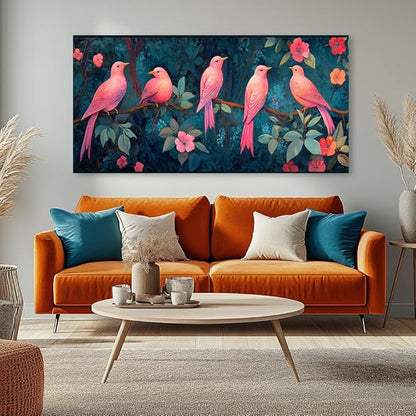 Pink Birds Canvas Wall Art Birds Floral Tree Canvas Pictures Bird on Tree Branch Painting Flower Wall Decor Canvas Nature Farmhouse Animal Painting for Girl’s Room Bedroom Bathroom Living Room Ready to Hang (24x48 Inches)