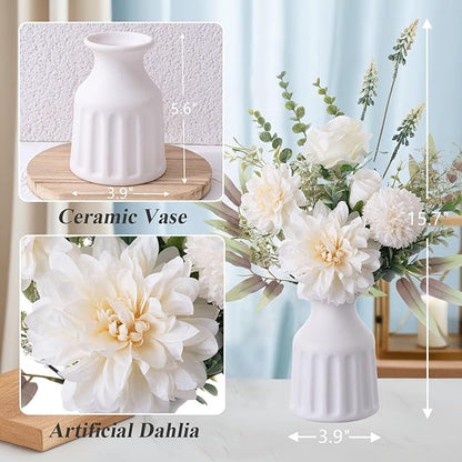 Fake Flowers in Vase, Artificial Flowers with Vase, 15.7'' Floral Arrangements for Dining Table Centerpiece Decor, Silk Roses & Faux Dahlia Bouquet for Farmfouse Kitchen Coffee Table Decor (White)