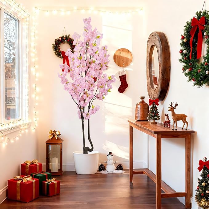 7.2ft Tall Pink Faux Cherry Blossom Tree for Home Decor, Likelike Artificial Silk Flower Cherry Branches Tree Indoor Outdoor, Sakura Tree Realistic Fake Flowering Plant for Christmas Decor