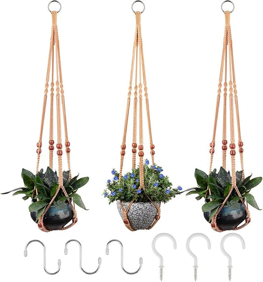 RIFNY Macrame Plant Hanger for 5 to 10 Inch Plant Pots, 35 Inch Woven Rope Hanger Kits with Hooks and Wood Beads, Hanging Planter Basket for Indoor Boho Home Decor (Brown, 3 Pack)