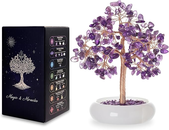 Amethyst Crystal Tree of Life Chakra Healing, Bonsai Tree, Gemstone Tree, Home and Office Desk Decor for Positive Energy, Birthday Wedding Gifts