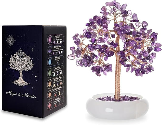 Amethyst Crystal Tree of Life Chakra Healing, Bonsai Tree, Gemstone Tree, Home and Office Desk Decor for Positive Energy, Birthday Wedding Gifts