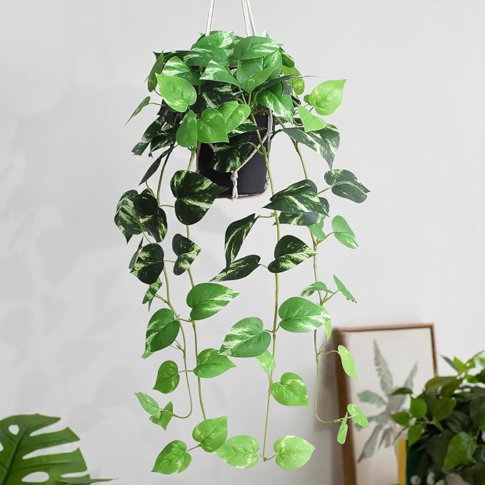 alyptus UV Resistant Fake Pothos Hanging Plants - Realistic Faux Pothos Vines for Indoor & Outdoor Décor, Lush Greenery for Shelves, Counters, Entry Tables - Golden Green