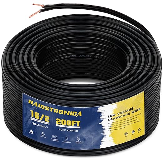 haisstronica 16/2 Low Voltage Landscape Wire 200ft - Copper Direct Burial Waterproof Cable for Landscape Lighting, Outoor Pathway Lights & Garden LED,UL Listed,UV Resistant