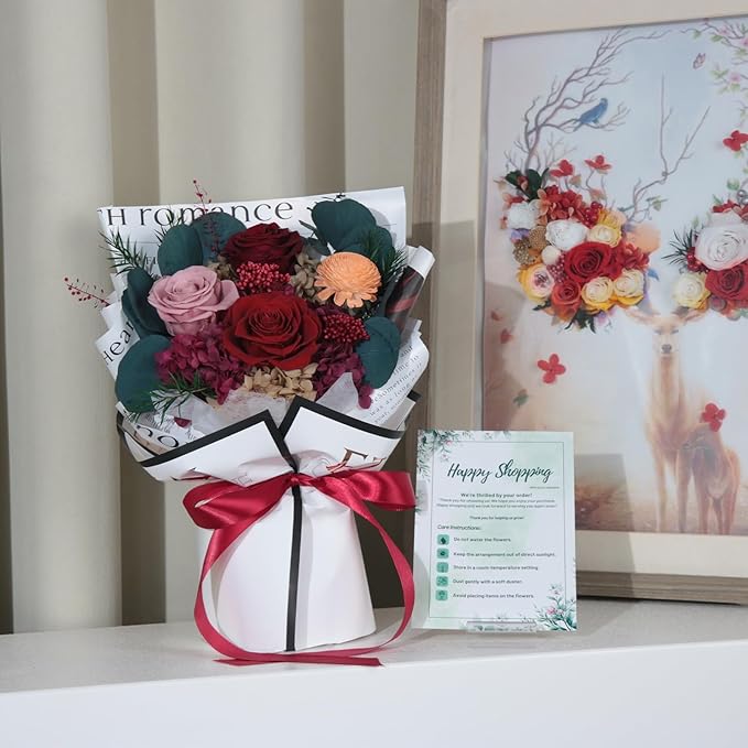 Forever Flowers Bouquet, Preserved Long Lasting Pink-Red Roses Flower Bouquet for Valentine’s Day, Christmas, Anniversary, Birthday Gifts for Her