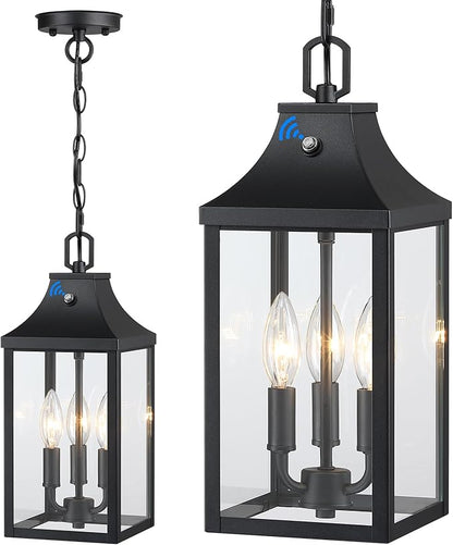 Large Outdoor Pendant Light Fixtures 3-Light, 15'' Dusk to Dawn Exterior Hanging Lantern Porch Light Adjustable, Black Hanging Lamp Farmhouse Exterior Chandelier Ceiling Mount for Entrance Patio