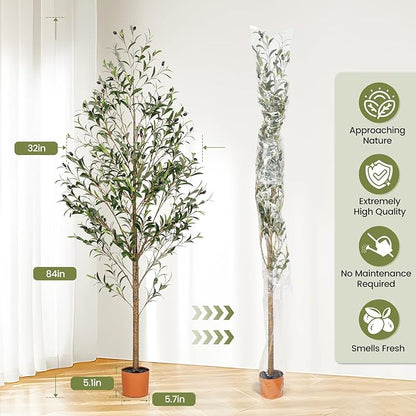 7FT Artificial Olive Tree Indoor Tall Realistic Faux Olive Tree with Plastic Planter, Fake Silk Tree with Handcrafted Branches & Fruits, Large Fake Plant for Home and Office Decor