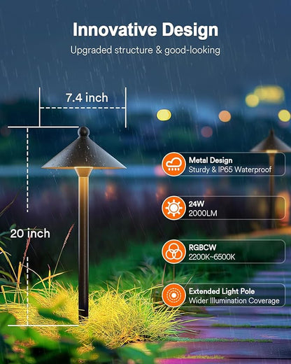 Lumary Smart Low Voltage Pathway Lights, Landscape Path Lights with RGBAI Color Changing, IP65 Waterproof Outdoor Lighting for Yard Driveway, App/Voice/Remote Control, 4 Pack, Cone Path Lights