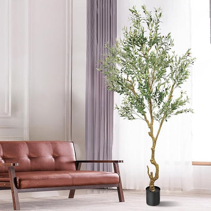 Artificial Fake Olive Tree 8FT Tall 1Pack Faux Silk Olive Tree for Home Living Room Office Decor Faux Artificial Plants Indoor Fake Potted Plants with Fruit & Free Moss