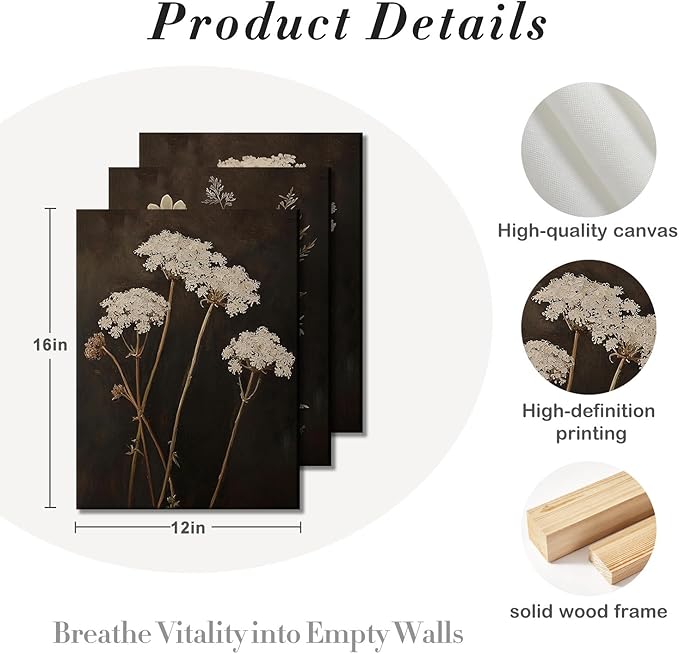 Kdyudo Vintage Floral Canvas Wall Art Atmospheric Wildflower Decorative Paintings Black Floral Plant Print Mural Farmhouse Country Style Posters Suitable For Gallery, Bedroom, Office 12 X 16 Inches Framed