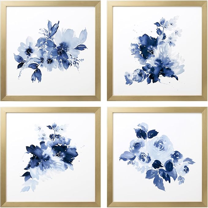 ArtbyHannah Framed Bathroom Wall Decor, Navy Blue Wall Art with Gold Frame and Watercolor Floral Prints Pictures for Kitchen Bedroom Home Decorations (4 Pack, 10x10 Inch)
