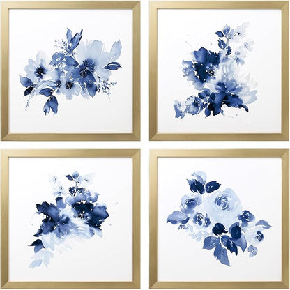 ArtbyHannah Framed Bathroom Wall Decor, Navy Blue Wall Art with Gold Frame and Watercolor Floral Prints Pictures for Kitchen Bedroom Home Decorations (4 Pack, 10x10 Inch)