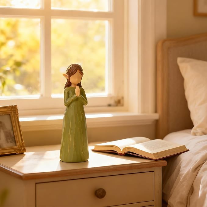 OneGift Praying Elf Fairy Figurines - Sympathy, Healing, Fairy Statue Guardian Blessing Gifts for Loved One, Hand-Painted Resin Green Elf Christmas Decorations Cozy Home Decor