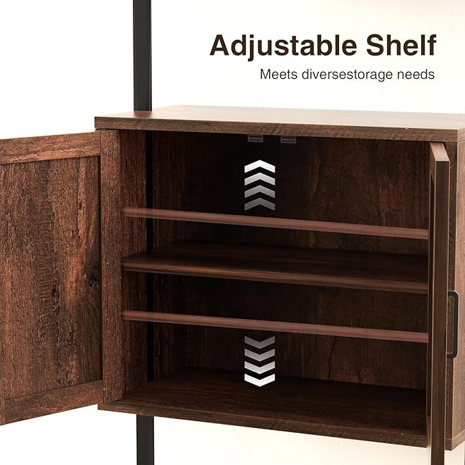 Ladder Bookshelf with Cabinet, 6 Tier Industrial Wall Mount Ladder Bookcase with Farmhouse Cabinet, Tall Narrow Open Ladder Shelf with Metal Frame for Living Room, Bathroom, Home Office, Rustic Brown