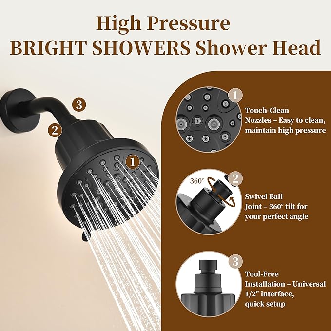BRIGHT SHOWERS Filtered Shower Head, High Pressure Fixed Showerhead for Hard Water, Dual-Media Filter Removes Chlorine & Impurities, 8 Spray Modes, Matte Black