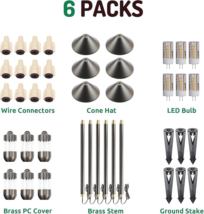 DOSHINE® Solid Brass Low Voltage Landscape Lighting Pathway Lights (7" Shade, 22" Tall) with Replaceable 3W G4 LED Bulb 3000K AC/DC 12V and Ground Stake for Outdoor Walkway Driveway (UMB,6-Pack)