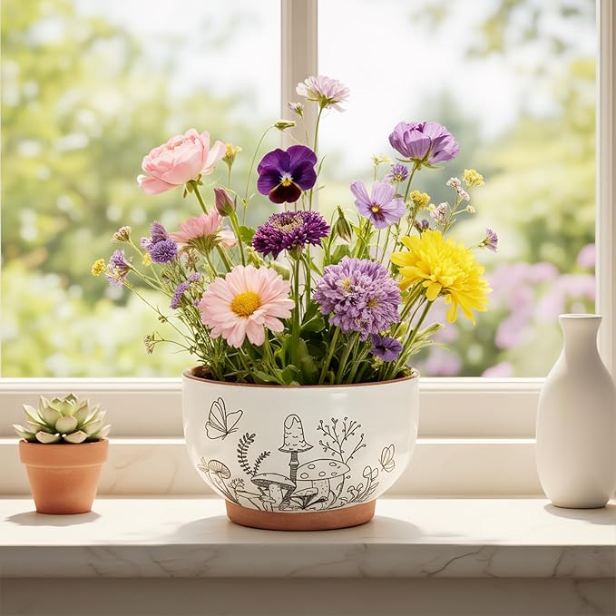 YBX 8 Inch & 6 Inch Terracotta Pots, Plant Pots, Flower Pots for Indoor Plants with Drainage, Planters with Mushroom Accent for Indoor Plants (Cottage)