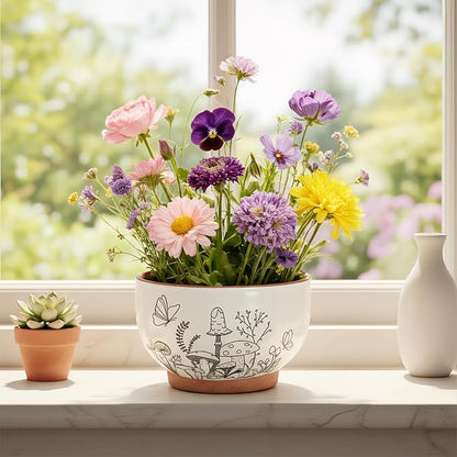 YBX 8 Inch & 6 Inch Terracotta Pots, Plant Pots, Flower Pots for Indoor Plants with Drainage, Planters with Mushroom Accent for Indoor Plants (Cottage)