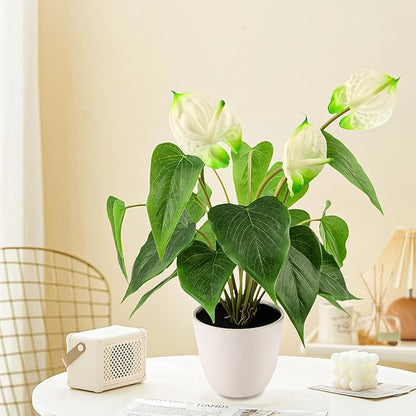 Folmywy Artificial Flower Plants 15 inch Faux Simulation Anthurium White in Plastic Pot Real Touch Fake Flowers Bonsai Decor Garden Balcony Entranceway Living Room Indoor