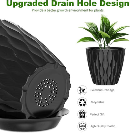 6 Pack 7 Inch Indoor Plant Pots with Drainage Holes, Outdoor Plastic Decorative Flower Pots, Garden Planters with Tray Saucers for Orchids, Violets, Succulents, Herbs, and Other Plants