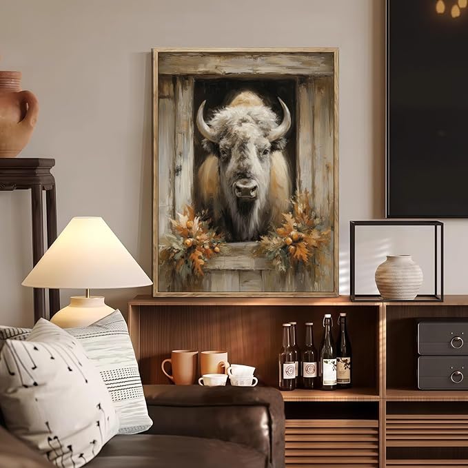 Vintage Canvas Wall Art Cow Wall Decor Animal Country Wildflowers Oil Painting Farmhouse Picture Modern Print Rustic Floral Prints Living Room Bedroom Bathroom 12x16 Inch Framed