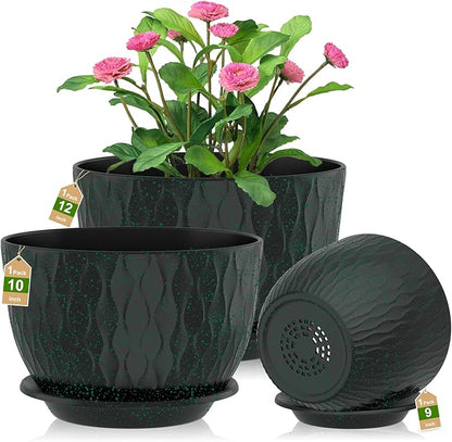 12/10/9 Inch Planter Pots, 3-Pack Large Flower Pots for Indoor Outdoor Garden Plants, Big Plant Pots with Multi Mesh Drainage Holes and Saucer (Black with Green Speckles, 12"+10"+9")