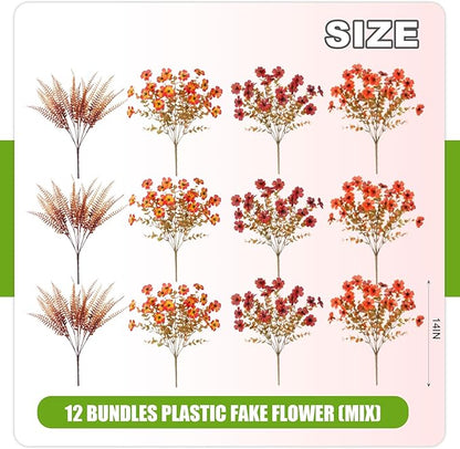 12 Bundles Fake Mums Fall Flowers Artificial for Outdoors Decoration Artificial Mums Faux Plants Daisy for Outdoor Outside Planters UV Resistant Violets for Fall Decor Home Porch Door Front Patio Yard